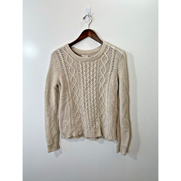 J Crew Womens Sweater Cable Knit Sweater Sz S Wool Beige Preppy Academia Minimal - Picture 1 of 7